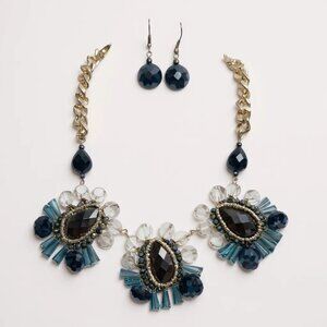 Black blue glass bead necklace earring set